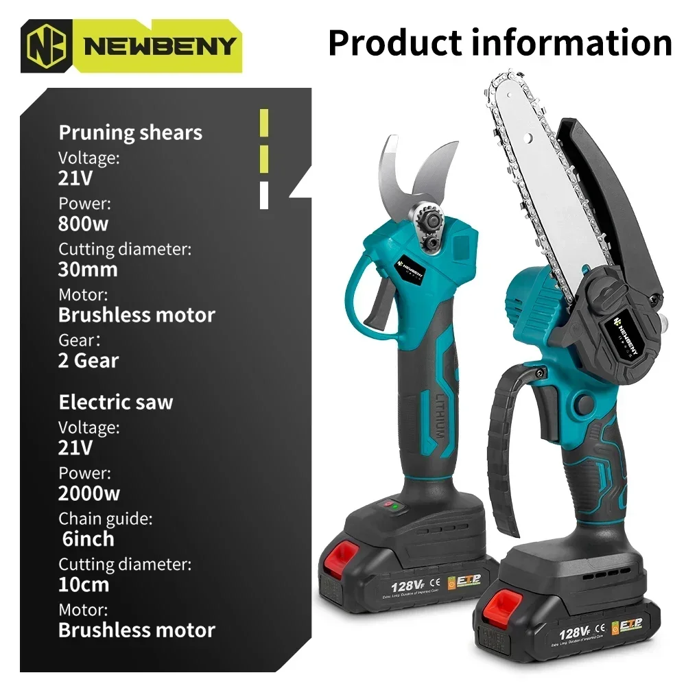 NEWBENY Brushless 6 Inch Electric Saw+ 30mm Electric Pruning Shears Set Cordless Garden Woodworking Tools For Makita 18V Battery