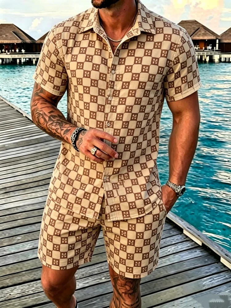 

Men's Short Sleeve Lapel Shirt & Shorts Set, Loose Comfort Checker Print Casual Summer Outfit