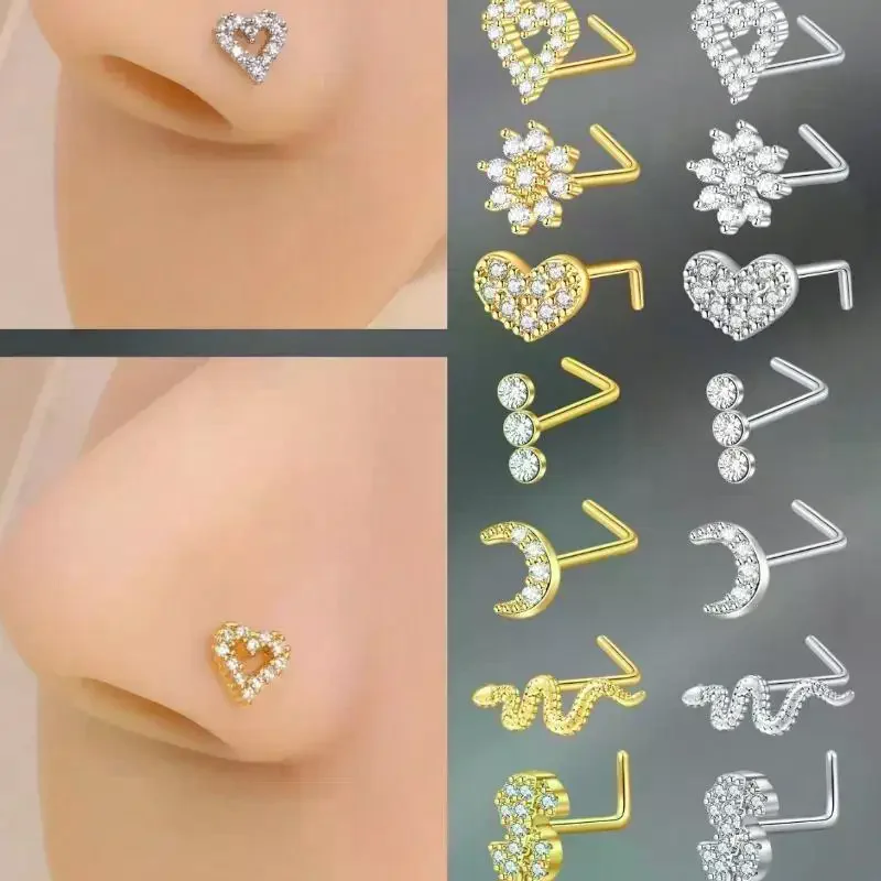 G23 Titanium L Shaped Nose Studs Gold Silver Plated Hypoallergenic Daily Wear Party Piercing Jewelry