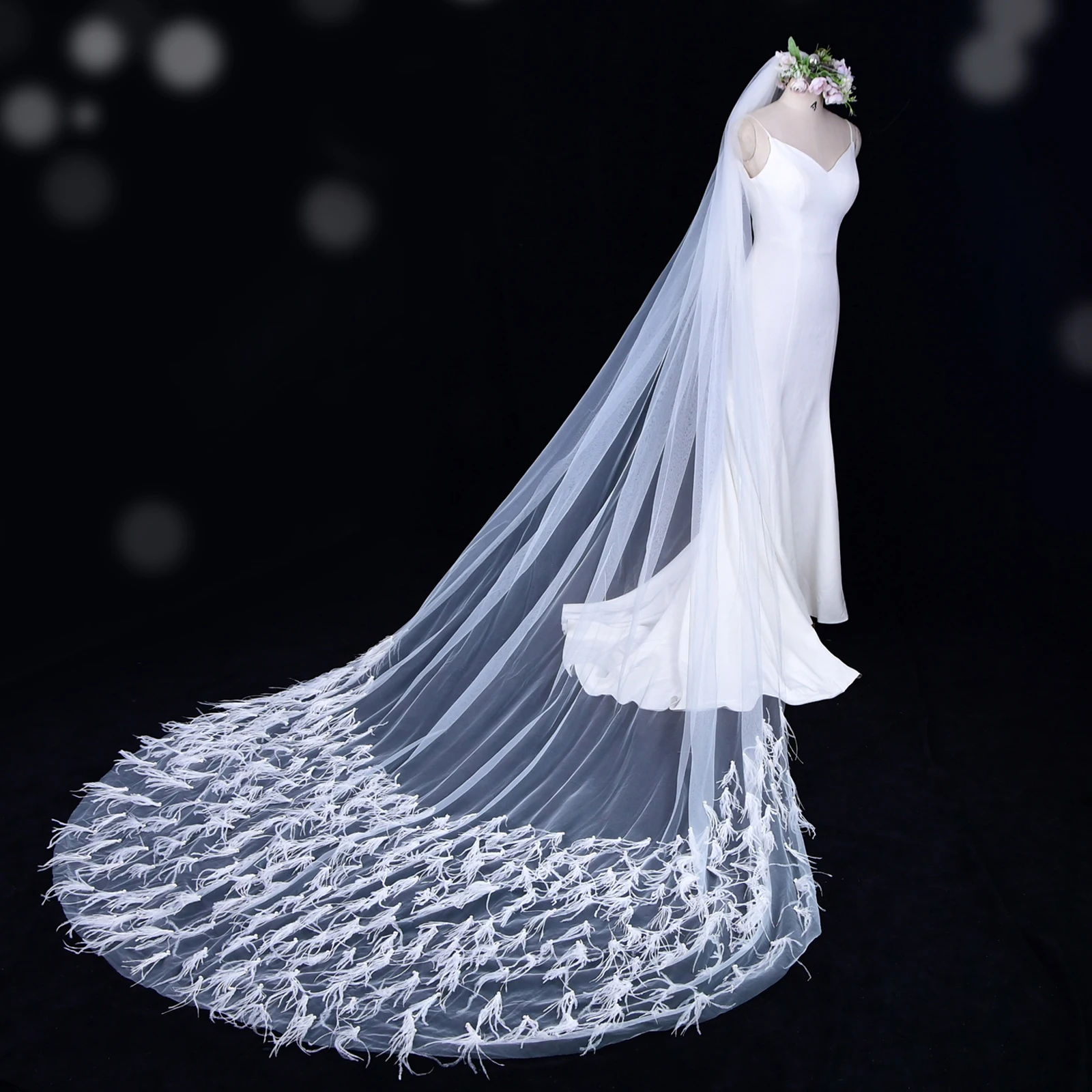 Voile de Mariage en Tulle Doux Fait à la Main avec Plumes pour Femme, 1 Niveau, pour Patients, 3m de Long, V22