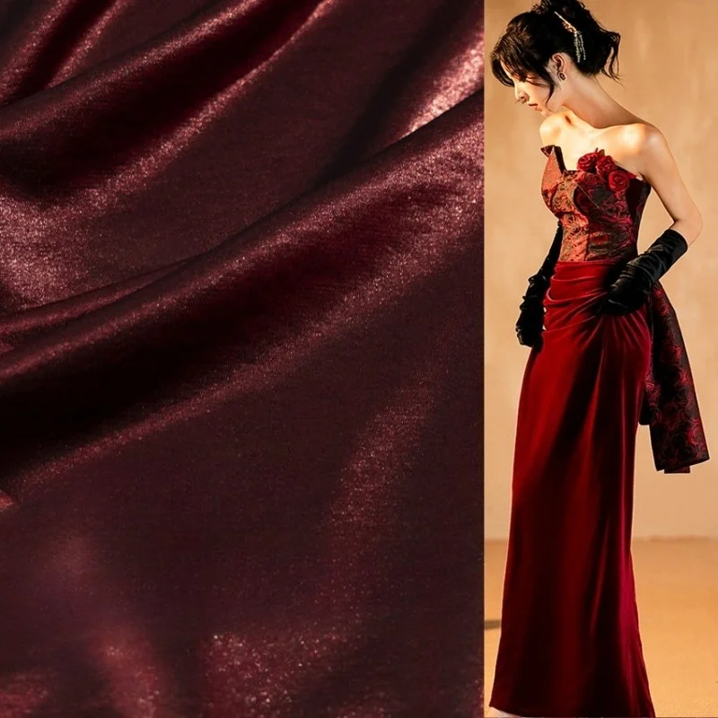 Tela de satén brillante color rojo vino, tela de rayón de diseñador para vestidos de novia, telas de fondo para cheongsam, tela para costura DIY
