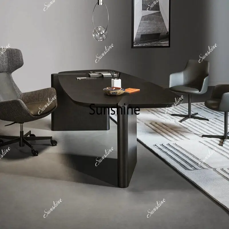 Italian minimalist special-shaped desk design, computer, black solid wood fan workbench