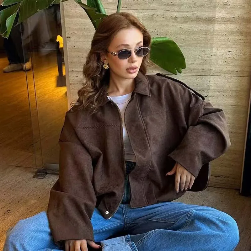 

YENKYE Autumn Winter Vintage Faux Suede Bomber Jacket For Women Solid Long Sleeve Lapel Collar Oversize Outerwear Short Coat