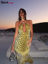 Weird Puss Leopard-Print Halter Dress Woman Summer Irregular-Hem Backless Chiffon Patchwork Trend Two-Way Wear Sexy Chic Bodycon