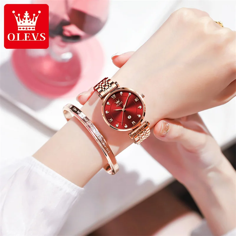 2023 OLEVS Luxury Fashion Rose Gold Diamond Women Watches Wine Red Female Quartz Wrist Watch Ladies Reloj Mujer Relogio