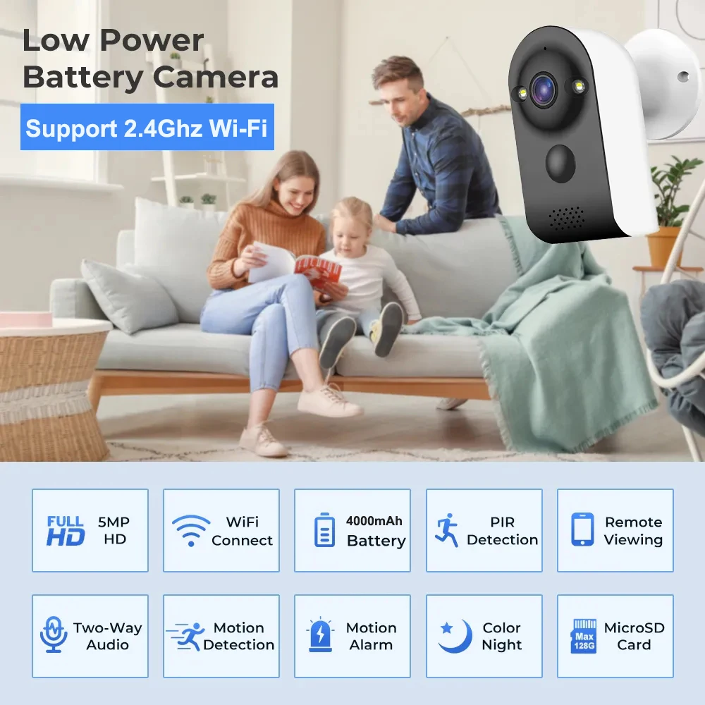 5MP WiFi Camera CCTV Security Pir Motion Detection Two Way Audio Smart Home Surveillance Wireless IP Monitor Built in Battery