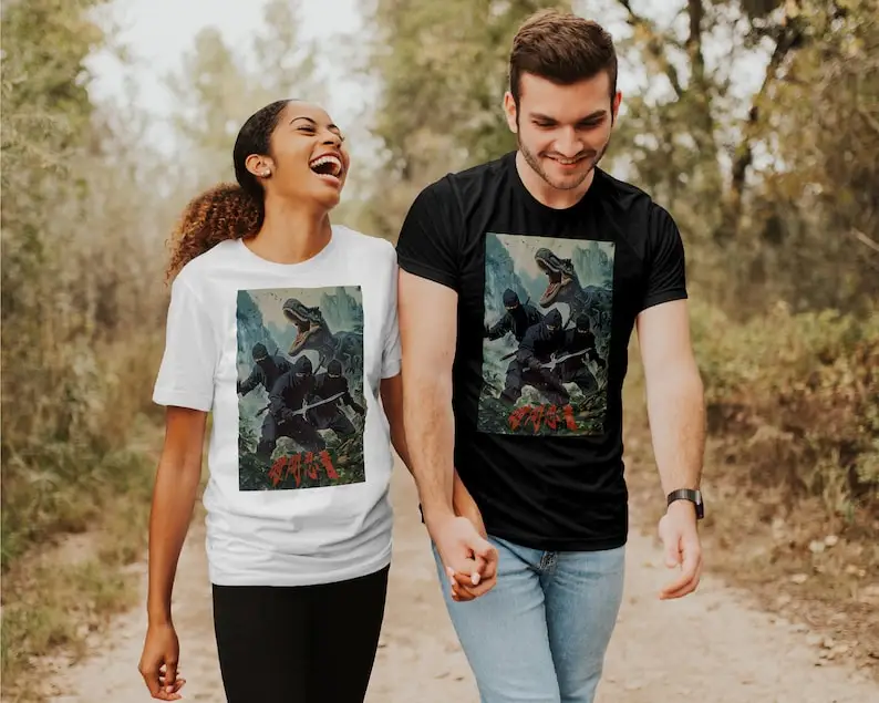 Time Ninjas | Vintage Chinese Sci-Fi Action Movie Poster T-Shirt, Dinosaur Samurai T-Rex Maximalist Graphic Tee