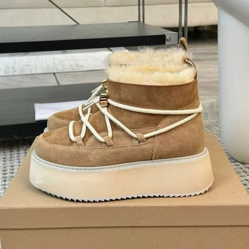 Ankle Botas Flat Thick Bottom Suede Short Boots Women Round Toe Cross Tied Design Winter Outwear Wool Lining Warm Snow Boots