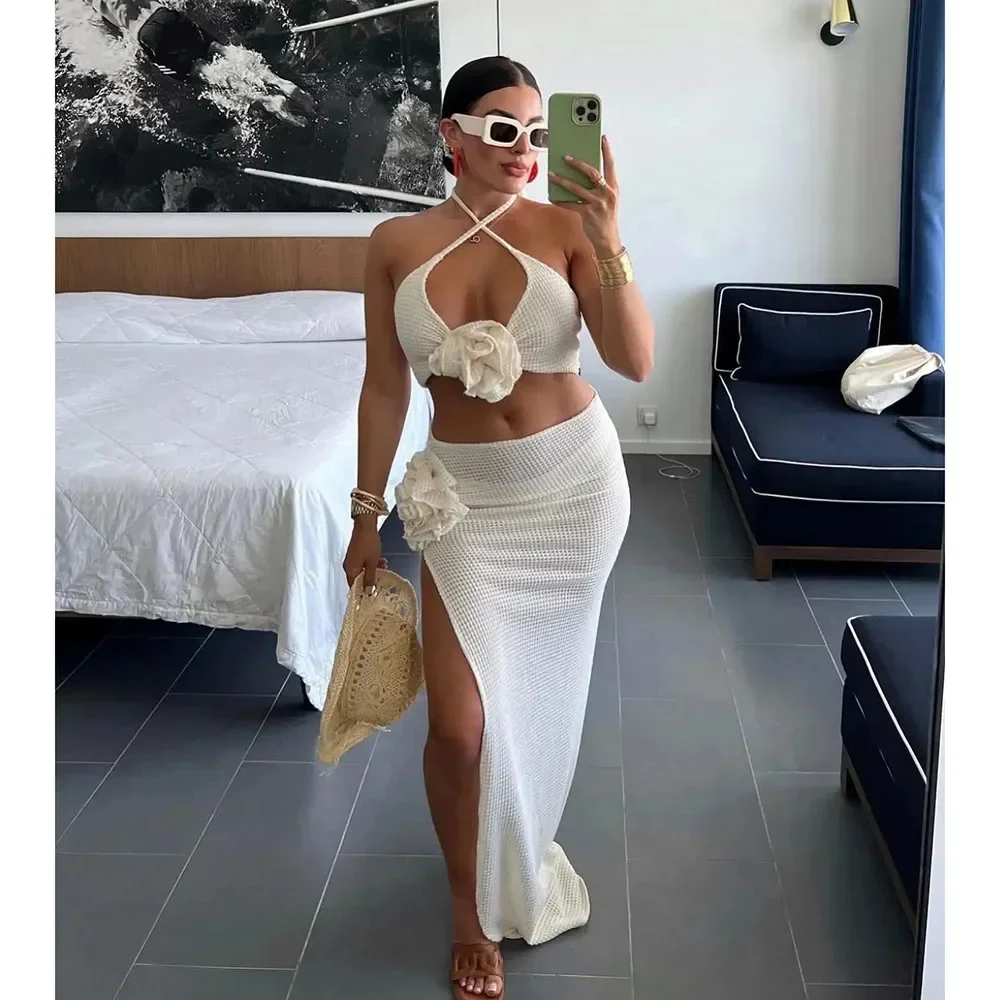 

3 Piece Bikini Set With Skirt Beach Cover Up Sexy Swimwear Women 3D Flower Swimsuit Halter Beachwear 2024 Bikinis Biquini Female