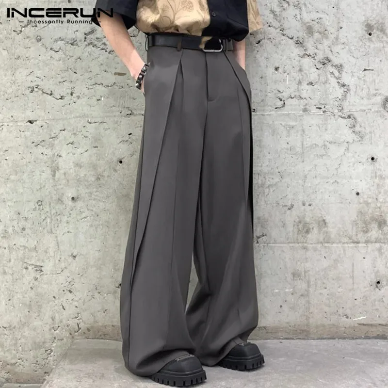 INCERUN 2024 Korean Style Men's Trousers Personality Cutting Design Wide Leg Pantalons Solid Leisure Streetwear Long Pants S-5XL