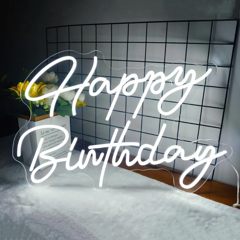 HancraStore Happy Birthday Neon Sign - Large Happy Birthday Light Up Sign Wall with 6V Power Adapter (23.6 x15.7 inches,White)