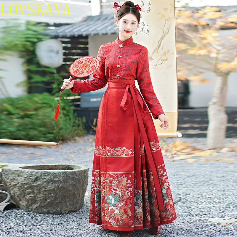 Chinese Festival Women's Hanfu Set Embroidered Horse Face Skirt Long sleeved Standing Collar Red Shirt Two piece Set