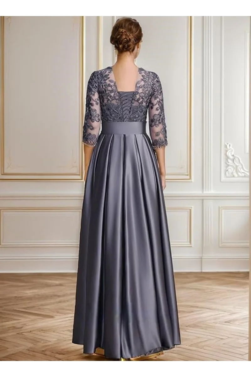 Abiti per la madre della sposa per matrimonio Abito da sera lungo con applicazioni in pizzo di raso con maniche a 3/4 e tasche Abito da ballo con scollo tondo
