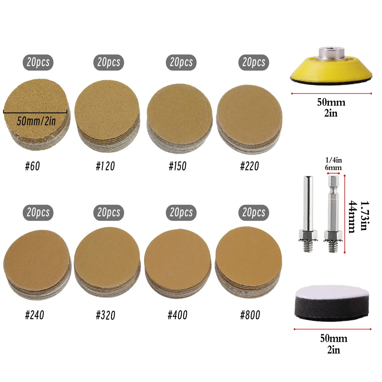 Amplas Hook and Loop Kuning 2 Inci, Berbagai Ukuran Grit 60-800, 160/164 Pcs dengan Bantalan Penyangga untuk Pemolesan dan Pengamplasan