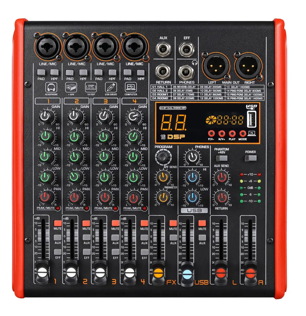 

4-канальный профессиональный Bluetooth-микшер, 16 цифровых эффектов, MP3, USB со звуковой картой, запись