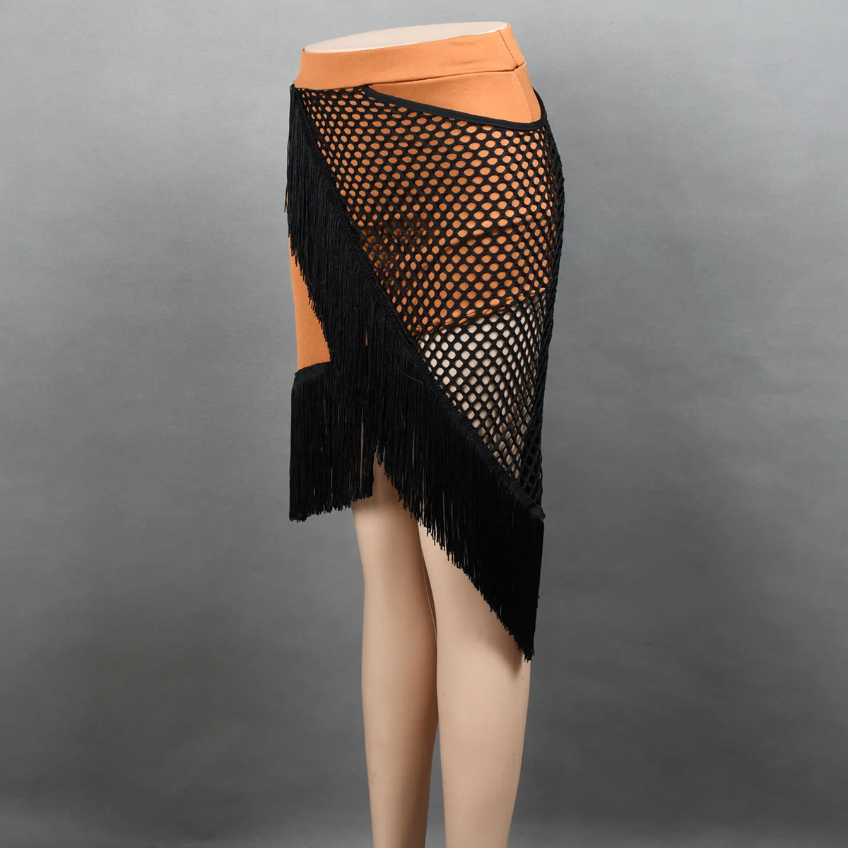 Latin Dance Kostuum Vrouwelijke Volwassen Encryptie Kwast Rok Sexy Tango Rumba Rok Grote Mesh Stiksels Oefenrok