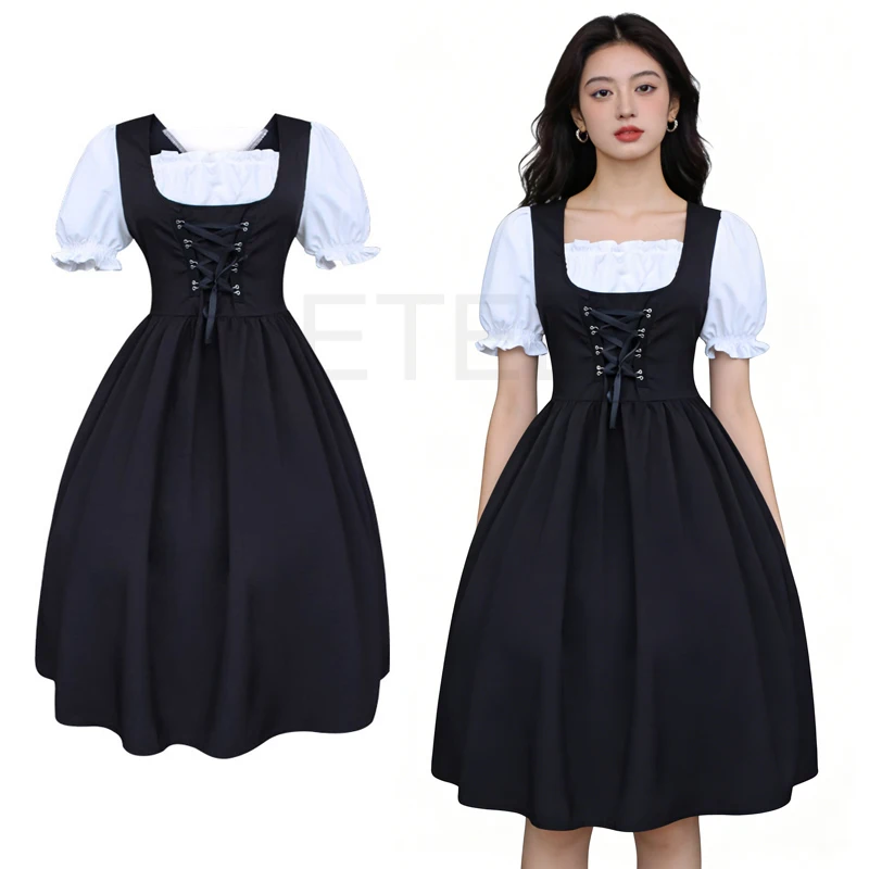 Vestido Medieval Renacentista Vintage para Mujer, Cintura Alta, Corte Ajustado, Vestido Amplio con Lazo, Disfraz de Sirvienta para Oktoberfest de Múnich, Tallas S-5XL