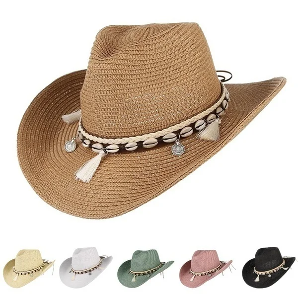 Shell Tassels Cowgirl Summer Hat Straw Hat for Women Men Western Cowboy Hat Lady Trendy Woven Sun Hat Beach Cap