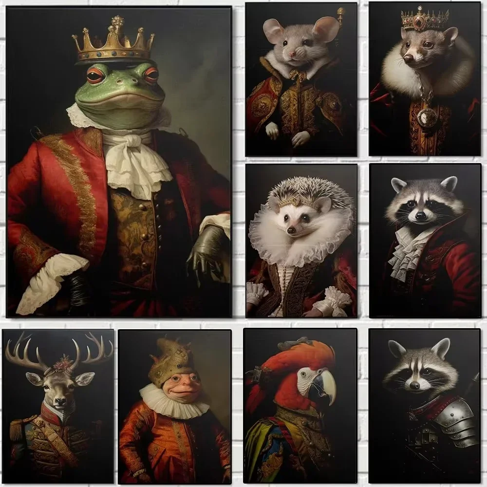 Nostalgic Retro Unique Canvas Print Frog Pet Hedgehog Wearing Suit And Crown Animal Posters Painting Living Room Home Decoration