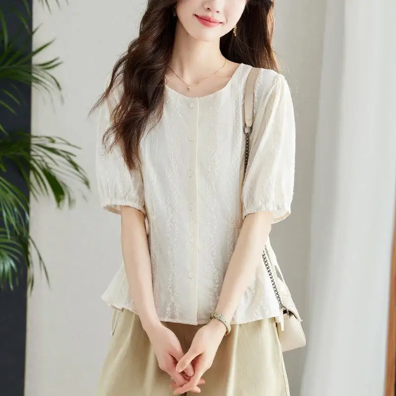 Frans temperament kanten shirt voor dames Zomer nieuwe ronde hals top met korte mouwen voor dames