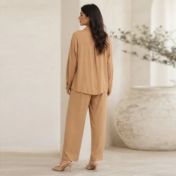Women Solid Color Simple Basic Casual Trendy Daily 2 Piece Sets Turn-down Collar Long Sleeve Shirts Wide Leg Drawstring Trousers