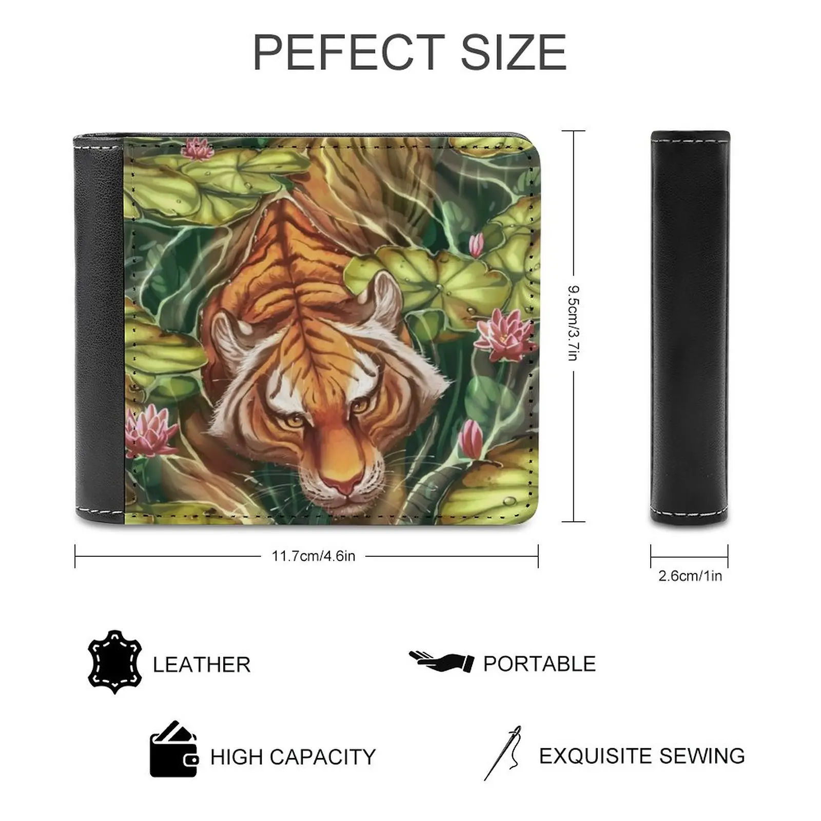 Tiger In The Lillies Leather Wallet Men's Wallet Diy Personalized Purse Father'S Day Gift Tiger Lillies Big Cat Cat Water Lily