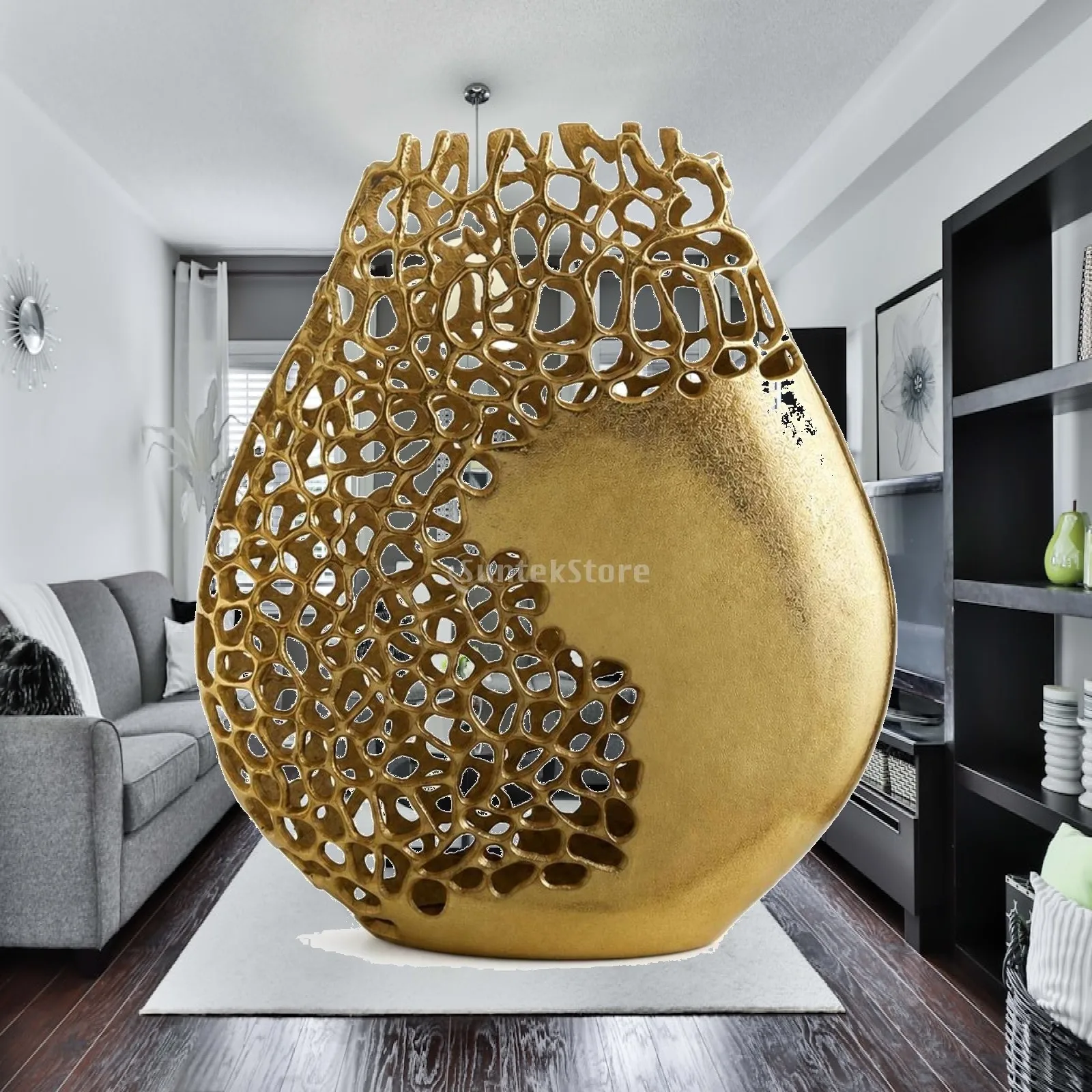 Vase with Cutout Pattern Modern Luxe Decorative Metal Vase Vessel Metal-Look Rustic for Interior Designers, Entryway Console