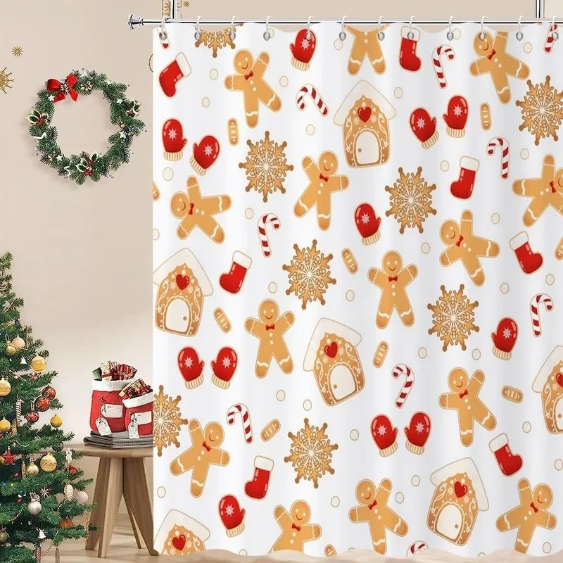 White Cartoon Gingerbread Man House Candy Christmas Bathroom Shower Curtain Waterproof Fabric with 12 Hooks No Drilling