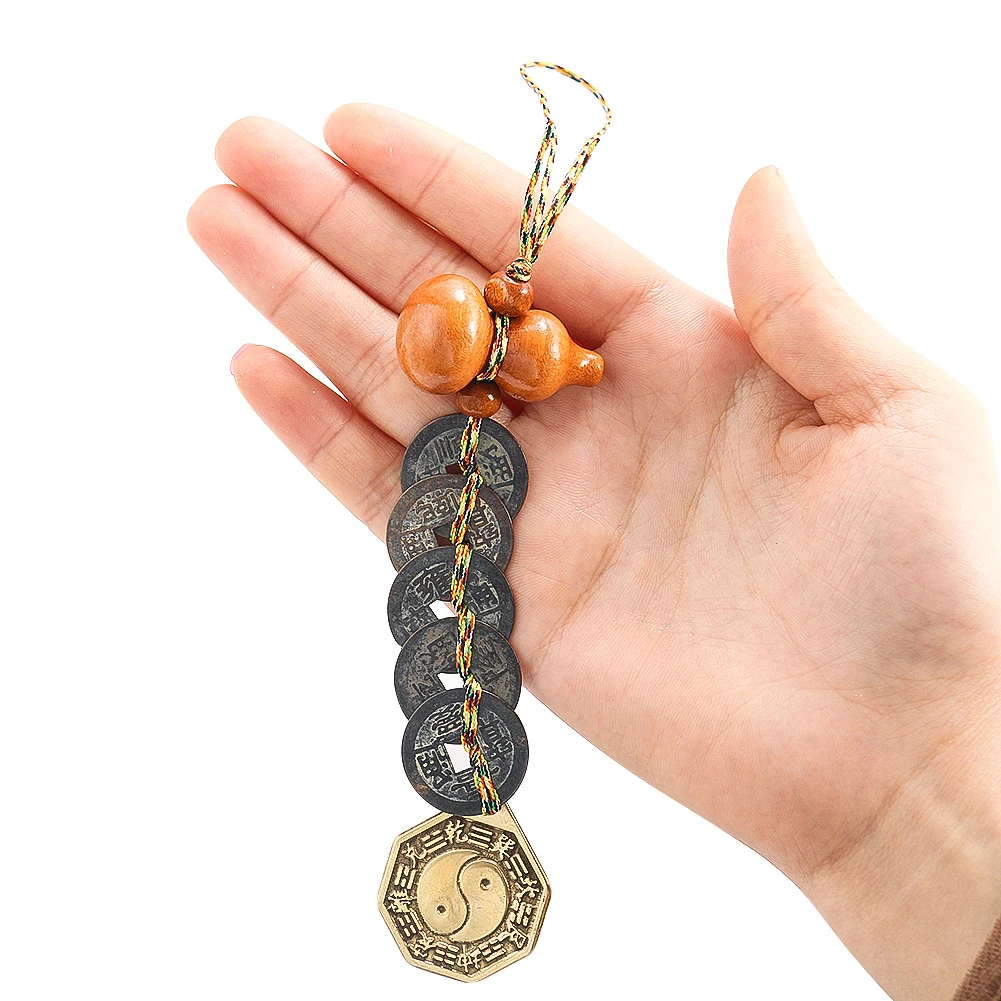 

Retro Five Emperors Money Coin Wood Gourd Brass Tai Chi Gossip Mirror Pendant House Feng Shui Auspicious Mounting Hanging Decor