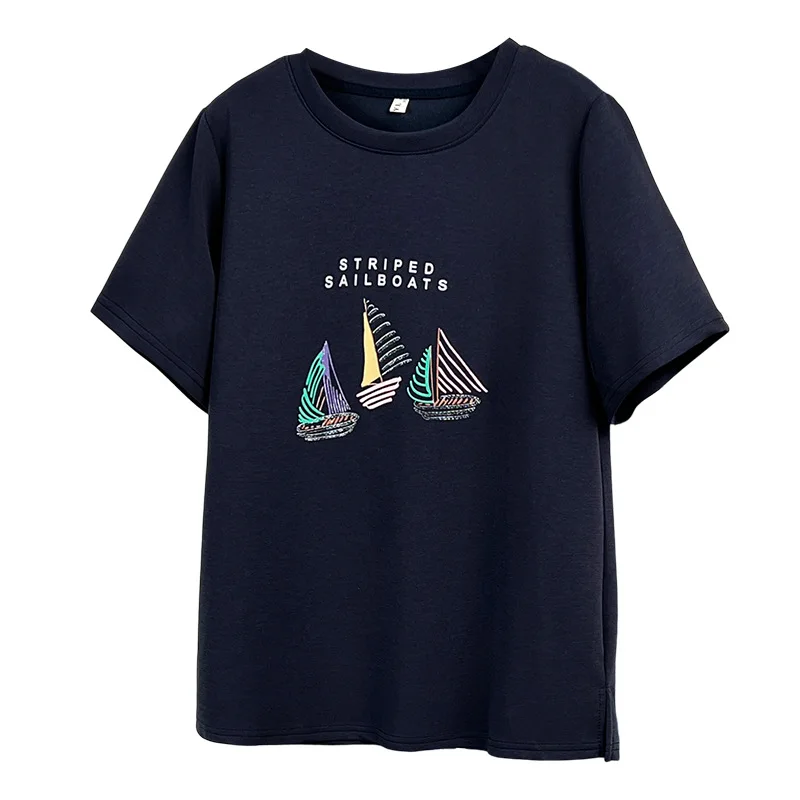 

2026 Summer Plus Size Fashion Sailboat Print Tshirt Loose Casual Crew Neck Tee 2620