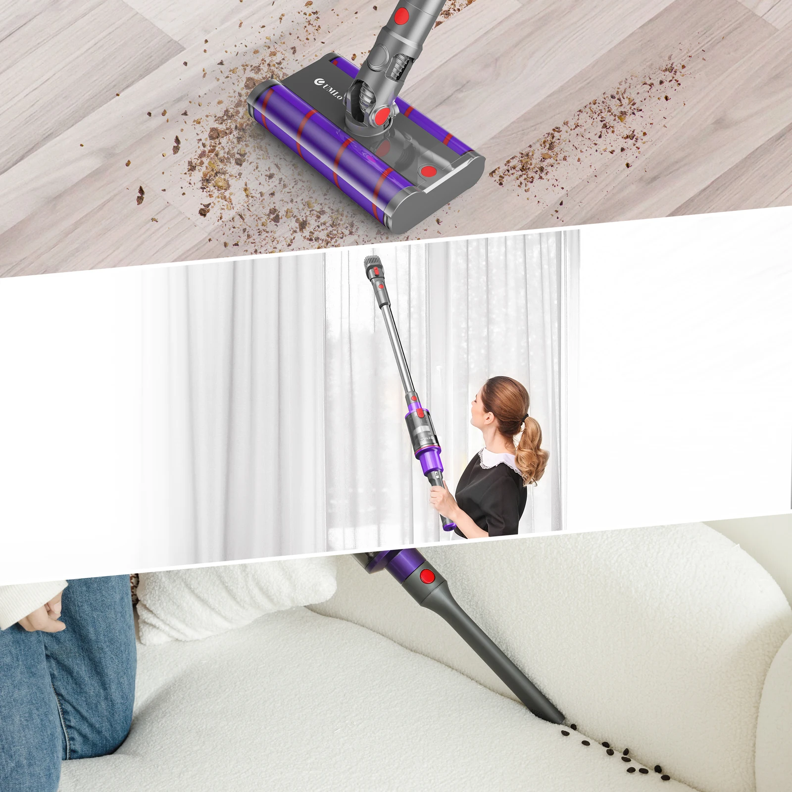 UMLO V102  Cordless Vacuum Cleaner for Home Carpet Hard Floor Pet Hair,  Powerful Stick Vacuum with Brushless Motor,Purple