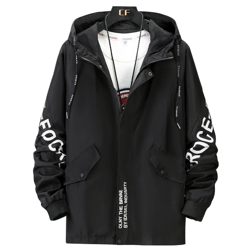 Men's Jacket Spring and Autumn New Trend Handsome Letter Printed Male Coat Hooded Jacket Tide Youth Mens Clothing Big Size 8XL