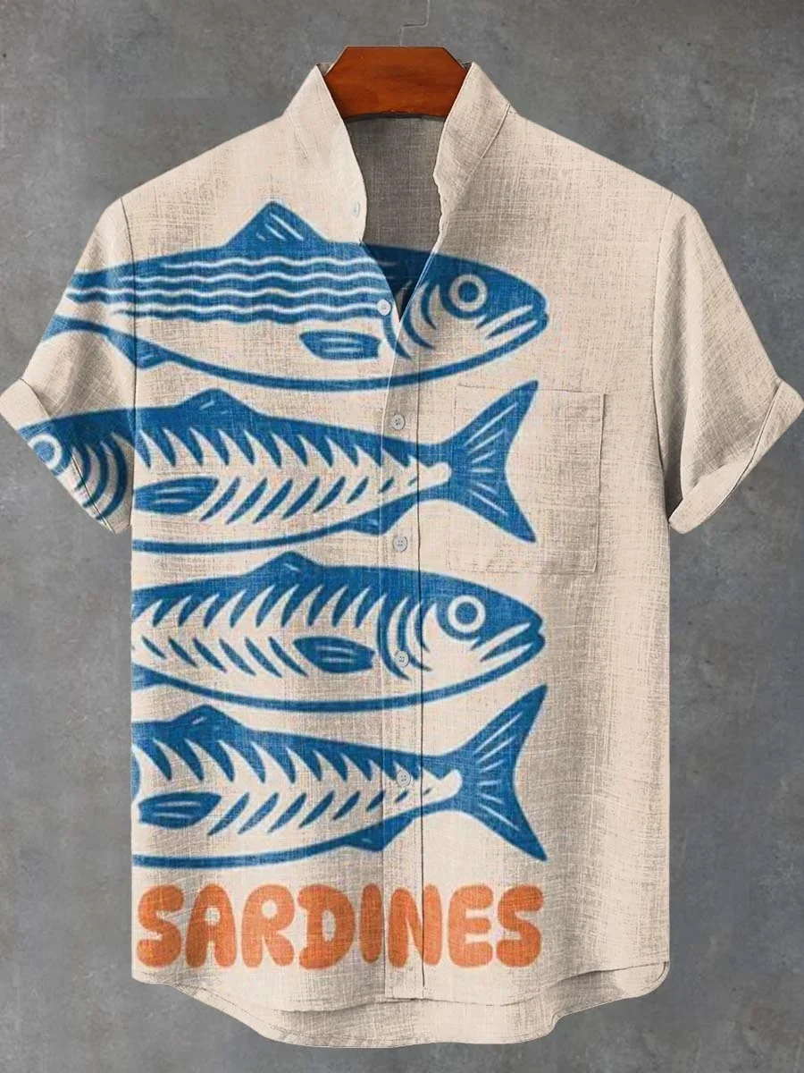 

New retro sardine pattern art 3D printed casual fashion linen men's stand-up collar short-sleeved shirt - Fast shipping