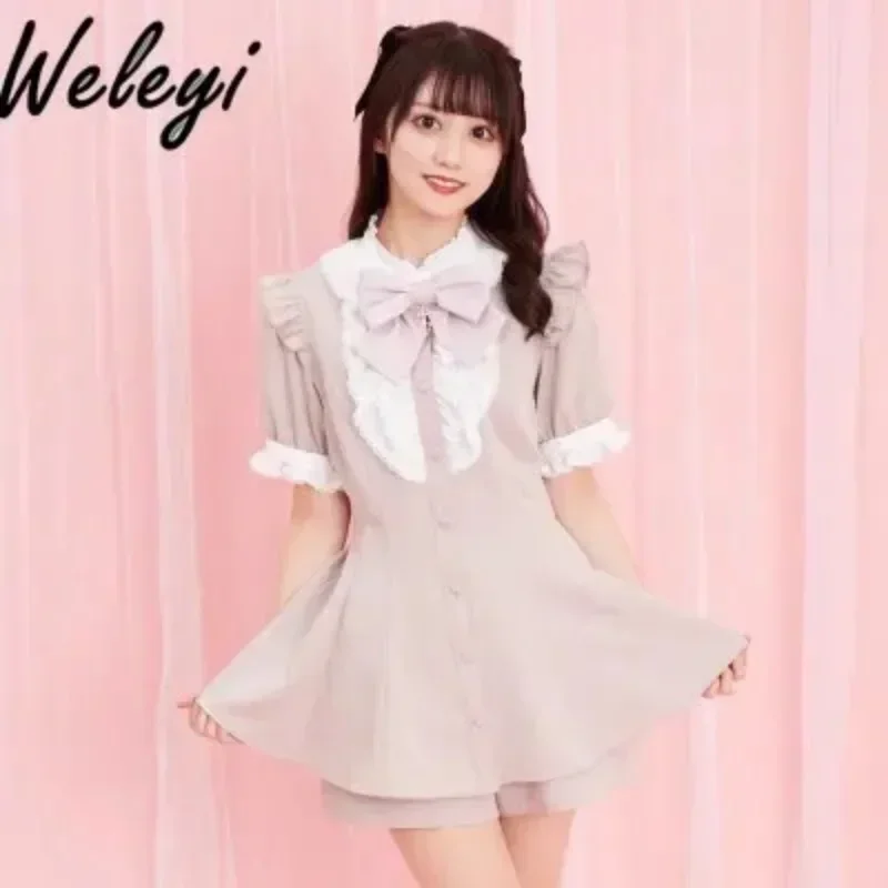 Japanese Lolita Jirai Kei Dress Set Spring Sweet Rojita Outfits Women\'s Detachable Bow Lace Shirt Culottes Shorts Two-Piece Sets