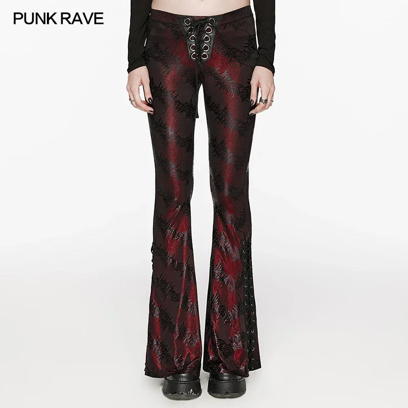 PUNK RAVE Women's Punk Low Waist Tight Flared Pants Daily Sexy Tree Texture  Women Trousers Two Colors Available