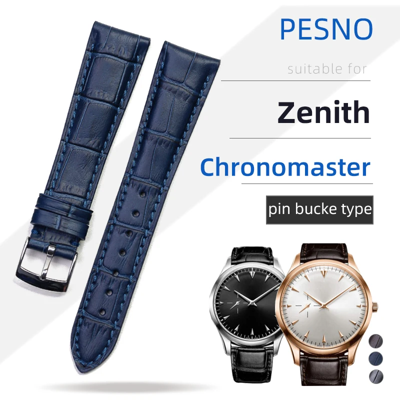 Pesno 20mm Calf Skin Top Layer Leather Watchstrap Black Dark Brown Dark Blue Watch Band Men Watch Accessory for Zenith Captain