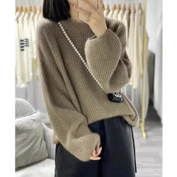 Round neck lantern sleeve knitted cashmere sweater women autumn winter Korean version lazy loose wool sweater pullover sweater