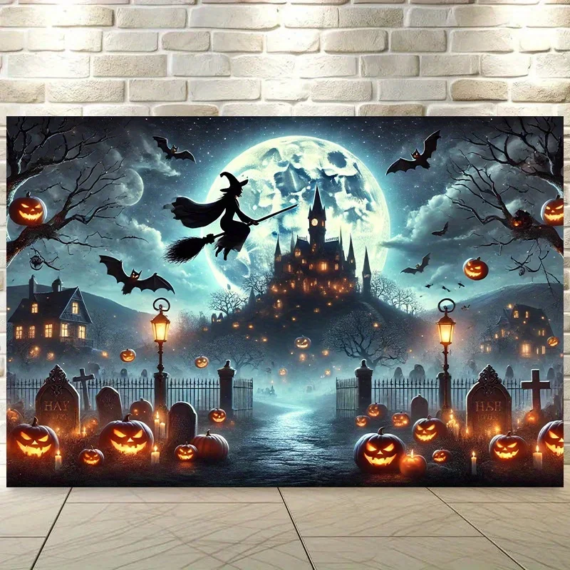 Tapestry Wall Wall Hanging Halloween Horror Night Background Banner - Witch, Pumpkin and Ghost Castle Design, 8.0 X 6.0 feet