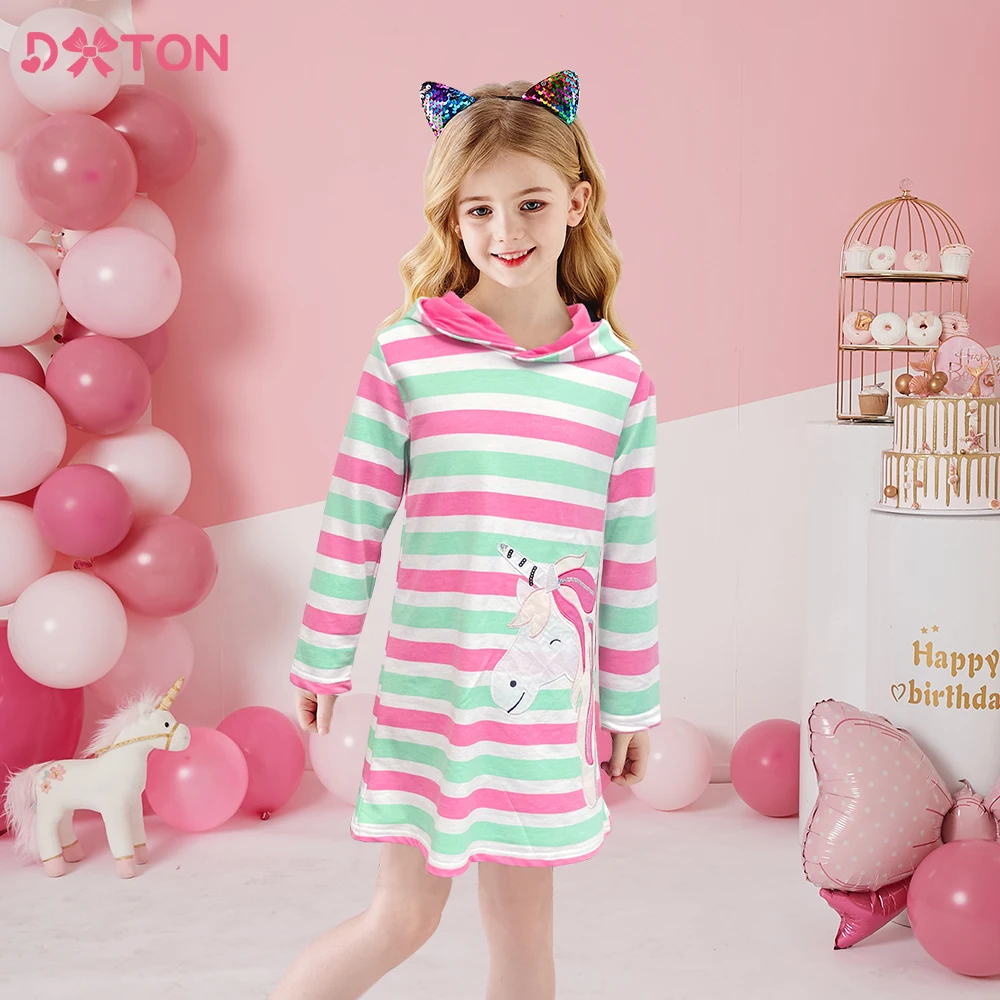 DXTON Children Unicorn Frocks Girls Dress for Autumn Spring Kids Cotton 100% Hooded Clothes Girls Striped Dress Kids Clothing