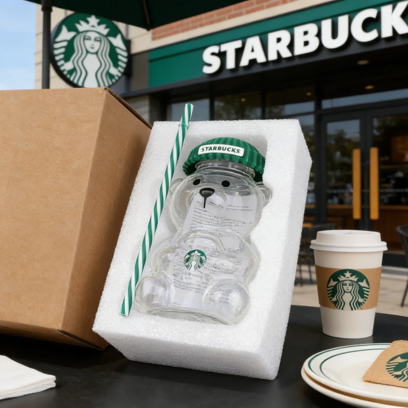 Gobelet en verre transparent Starbucks Bearista Bear 591 ml (20 oz) avec couvercle vert et paille pour eau froide, café glacé, café à domicile, cadeau