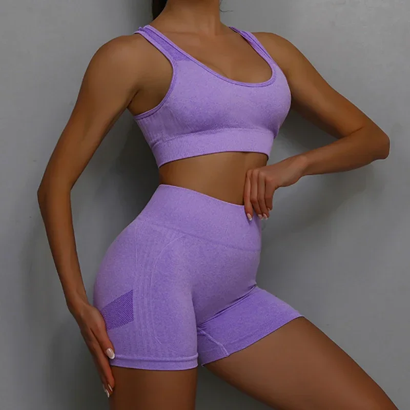 

2 Pcs Yoga Set Women Hollow Back Sports Bra+Hip Lifting Sports Shorts Workout Set Seamless Fitness Gym Set Sportswear Tracksuit