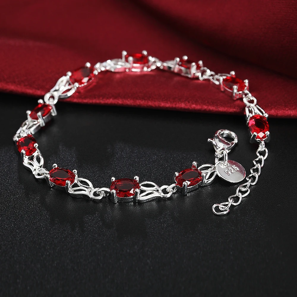 

Hot new 925 Sterling silver Bracelets for women Wild red crystal chain fashion lady Wedding party Christmas gifts Jewelry