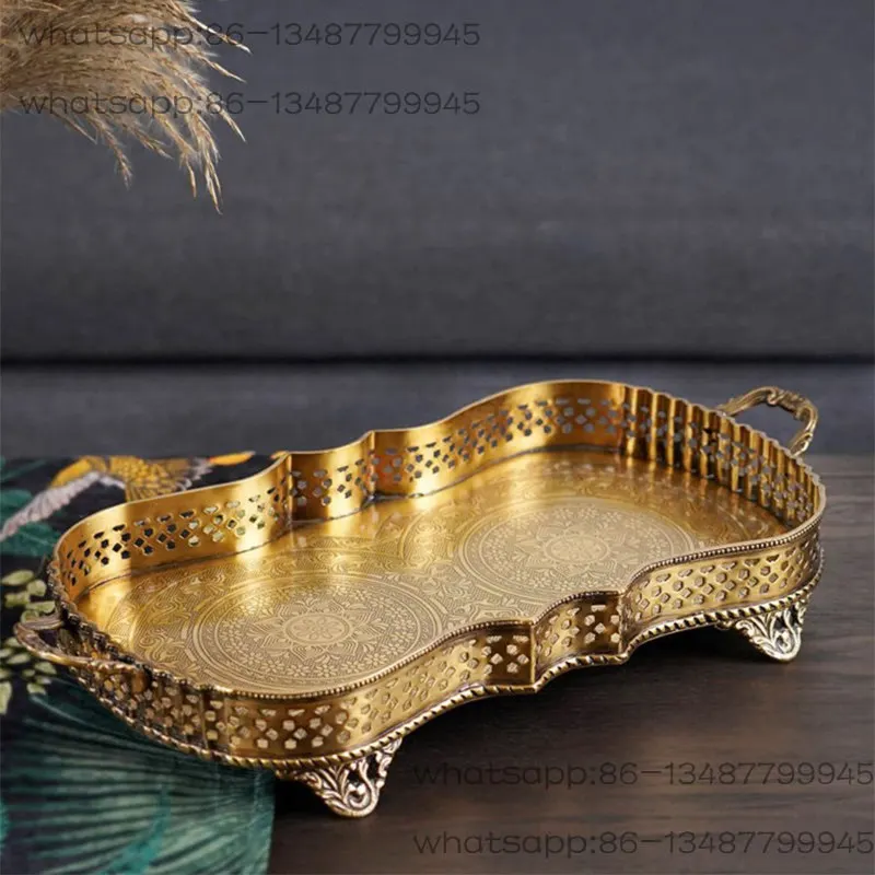 Imported Handmade Luxury Carved Brass Large Tray Retro Fruit Plate Living Room Decoration Copper Storage Plate
