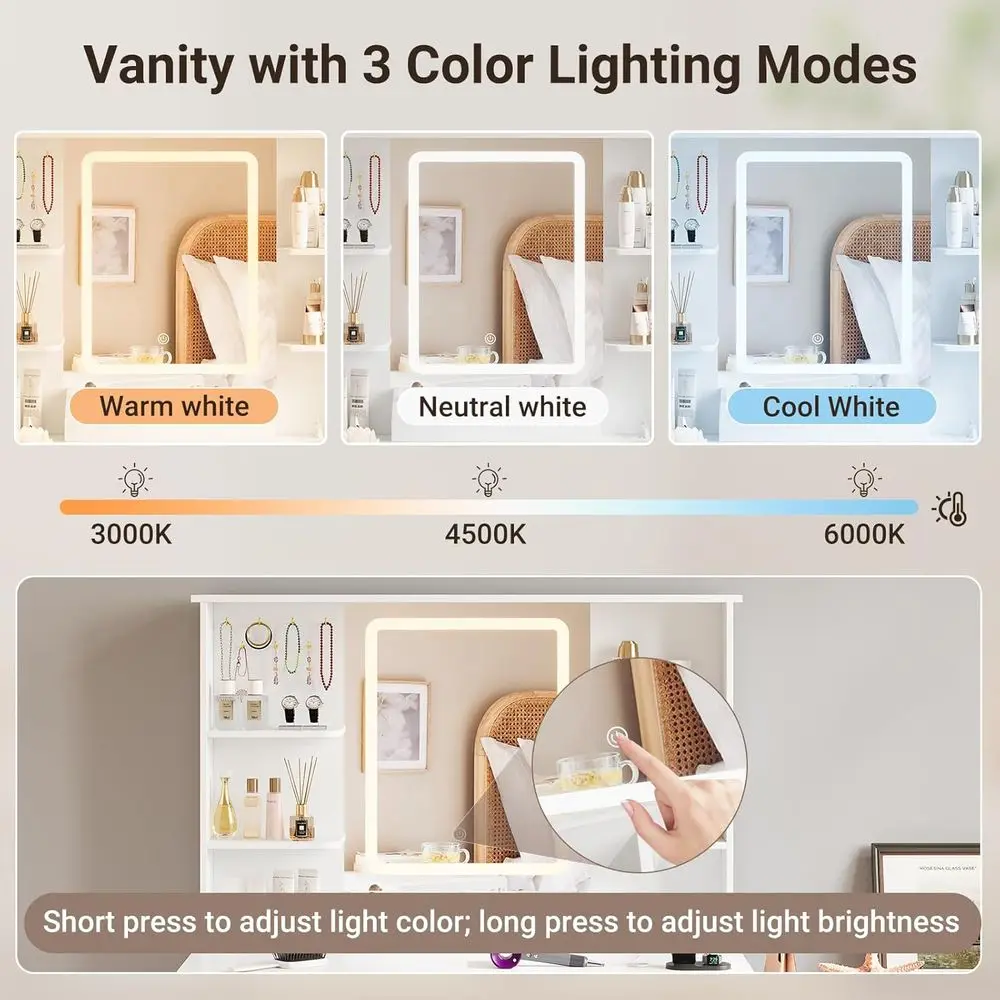 Lighted Makeup Vanity Table with Power Outlet, Storage Shelves, Drawer, and Leg Storage, White view 5