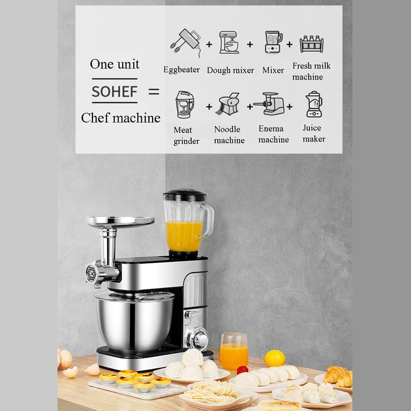 خلاط ستاند، خلاط كهربائي متعدد الوظائف برأس مائل 1000 وات مع وعاء من الفولاذ المقاوم للصدأ سعة 7 لتر