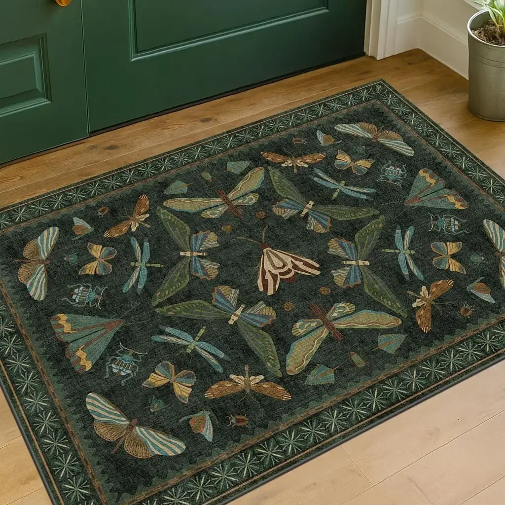 Vintage Insect Pattern Door Mat Dark Green Design Carpet for Entryway Forest-Style Entryway Contemporary Home Decor