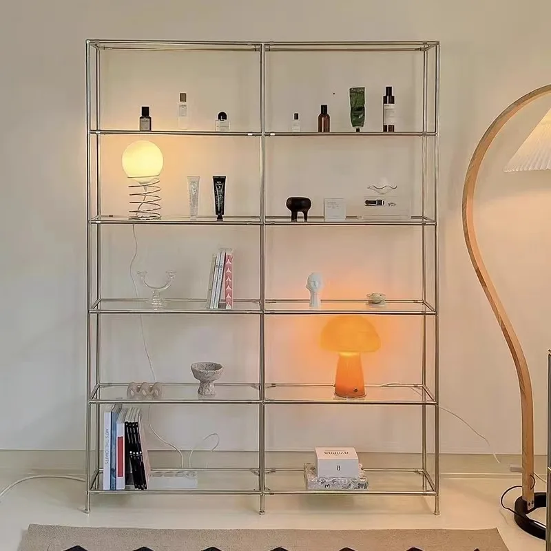 Second-hand stainless steel shelf storage rack, light luxury bookshelf, multi-layer wall-to-wall floor-to-ceiling glass shoe bag