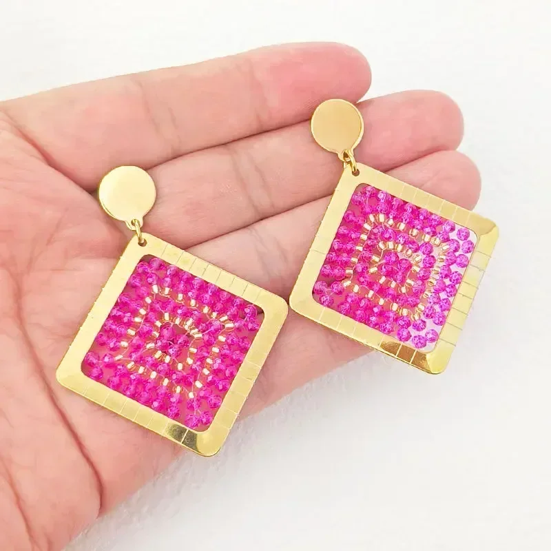 Beaded earrings Crystal Quadrate Geometry Graph Originality Hand knitting Bohemia Alloy Tide Simple Female Rice bead earrings