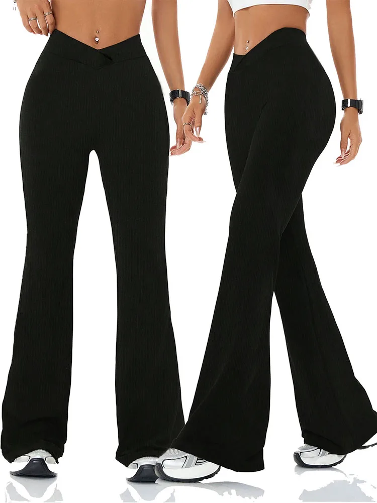 Women\'s high waist slim fit flared pants, solid color soft high elastic flared pants, retro style casual sportswear