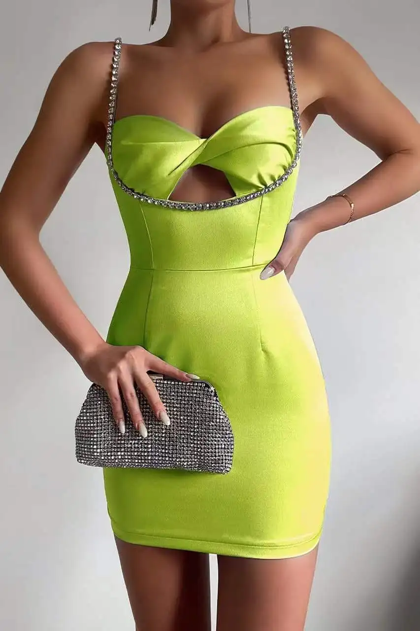 

Womens Dresses 2024 Summer Fashion Rhinestone Decor Twisted Hollow Out Casual Square Neck Sleeveless Slim Fit Daily Short Dress